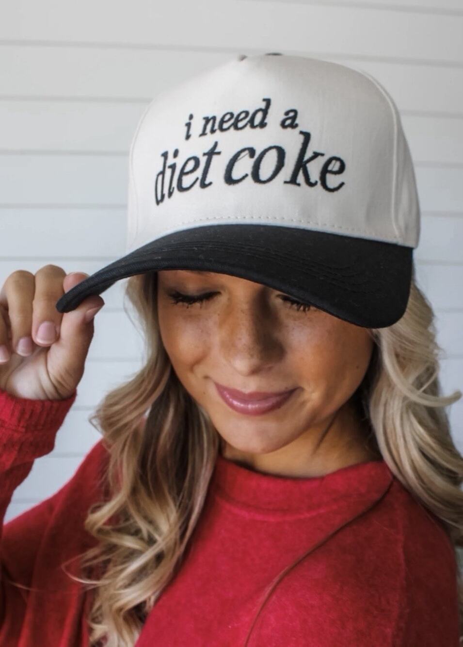 I Need a Diet Coke Embroidered Hat Black Ivory Slide Back Adjustable Canvas Cap